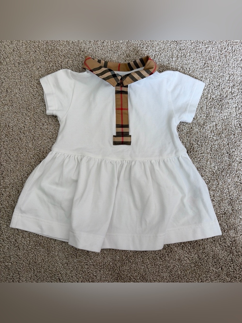 Burberry White Short Sleeve Baby Dress with Classic Check Trim